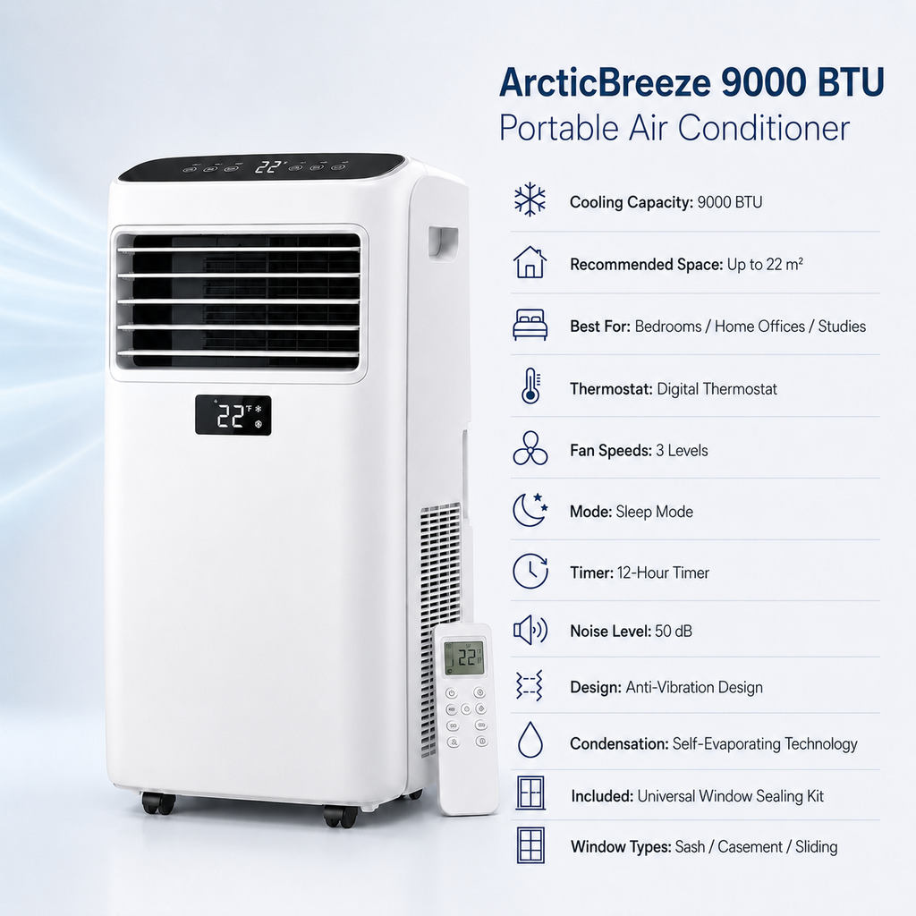 ArcticBreeze 9000 BTU Portable Air Conditioner - Specification image